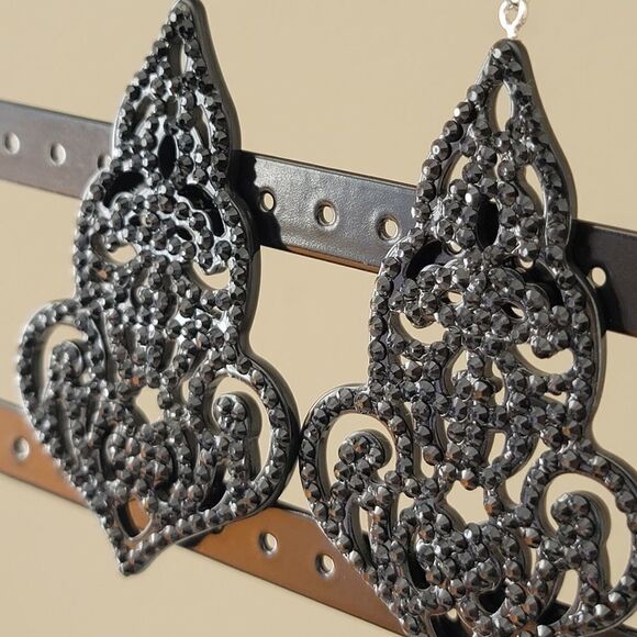 Black Earrings Crystal Filigree Ornate Earrings #0021 - Picture 2 of 5